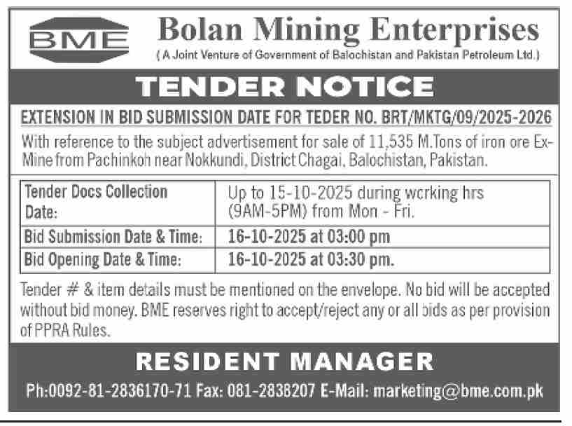 Bolan Mining Enterprises Tender Notice